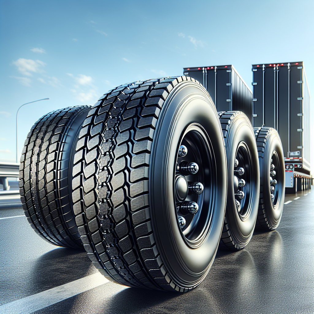 A set of four well-maintained trailer tires on an asphalt road, with a blurred highway landscape in the background.
