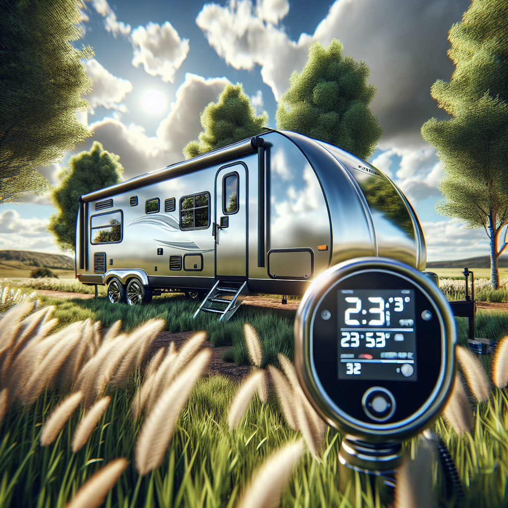 A travel trailer in a countryside landscape with a focus on a tire pressure monitoring system display.