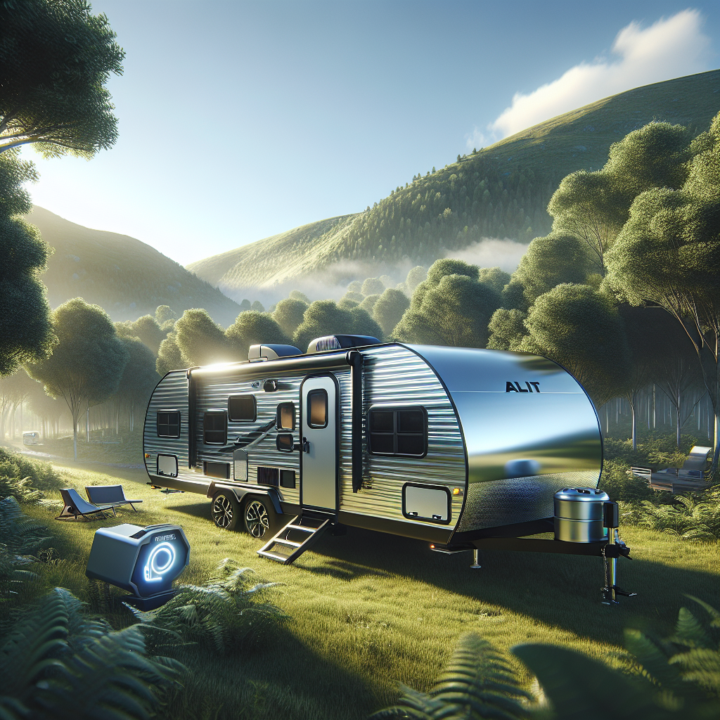 A travel trailer parked in a scenic outdoor environment, emphasizing tire safety.