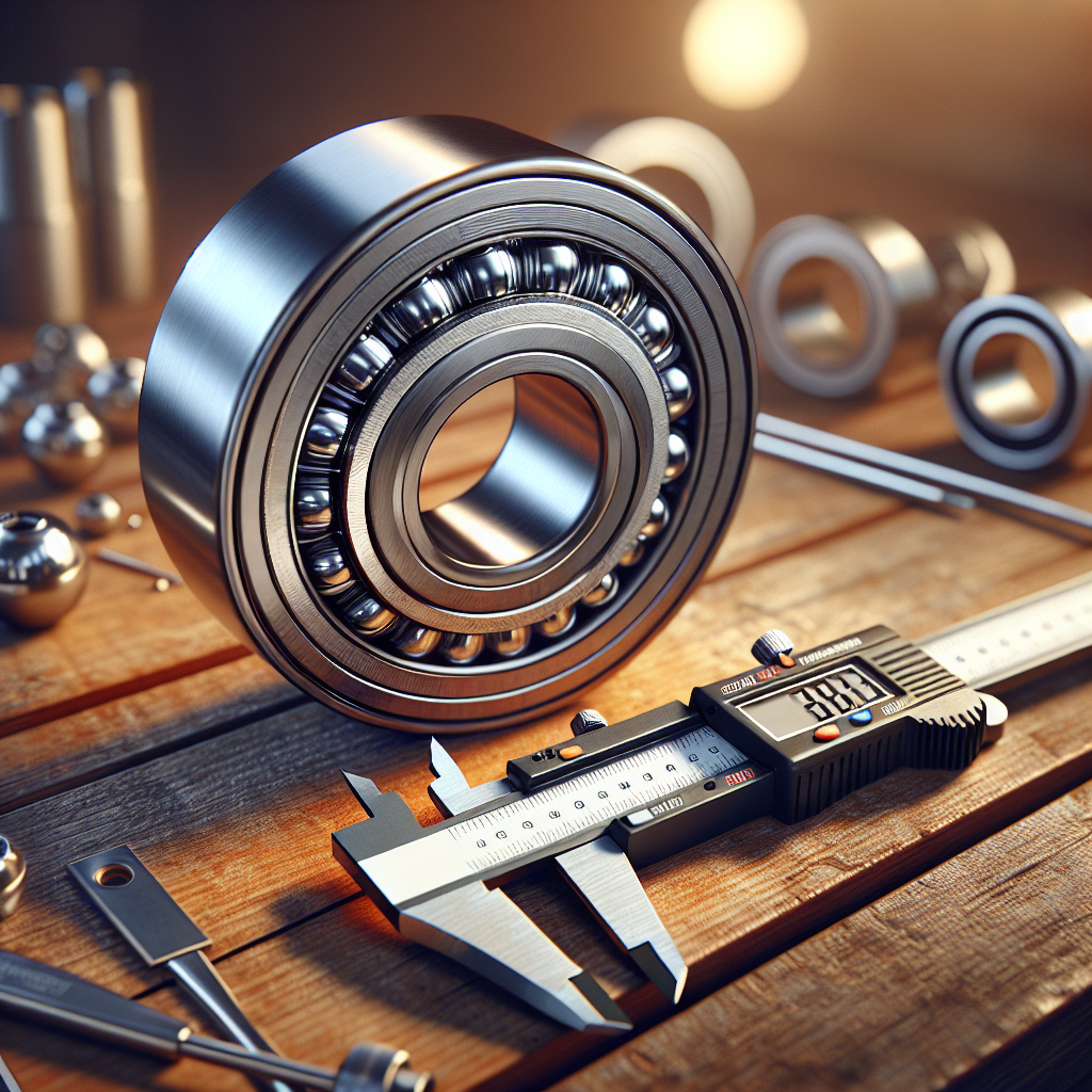 A trailer wheel bearing with measuring tools on a workbench.