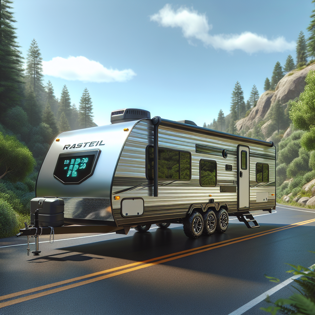 A travel trailer parked along a scenic road, highlighting its tire pressure monitoring system.