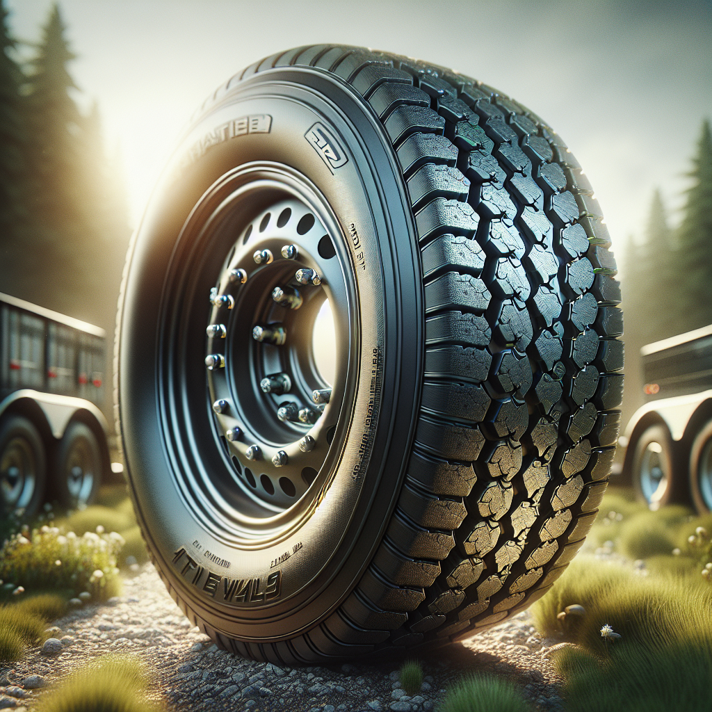 A close-up of a trailer tire on a gravel road.