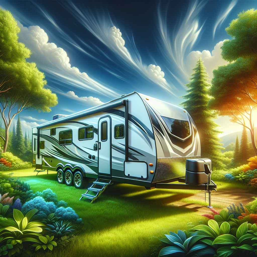 A travel trailer parked in a scenic location, highlighting the importance of tire safety.