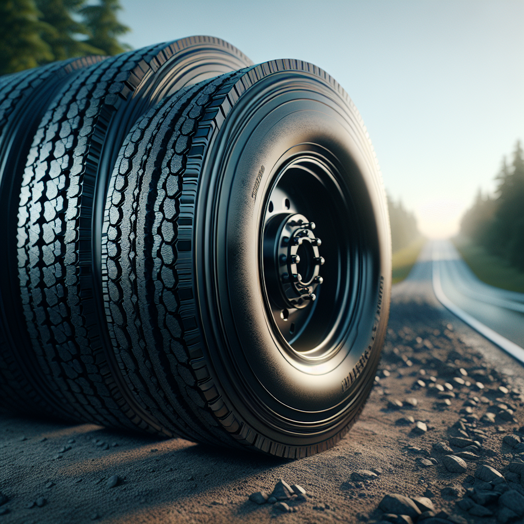 Close-up of high-quality trailer tires on a gravel surface.