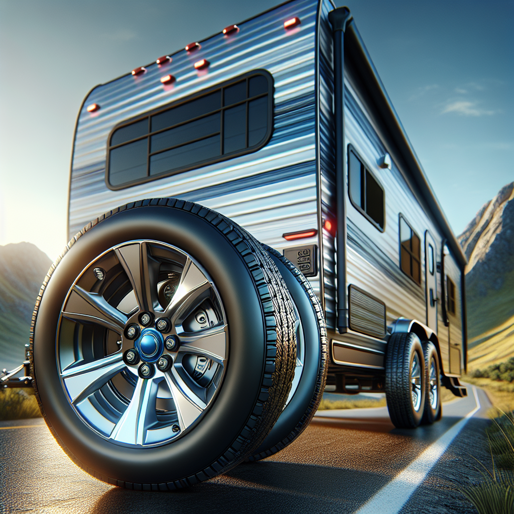 A travel trailer on a scenic road with focus on its tire pressure monitoring system.