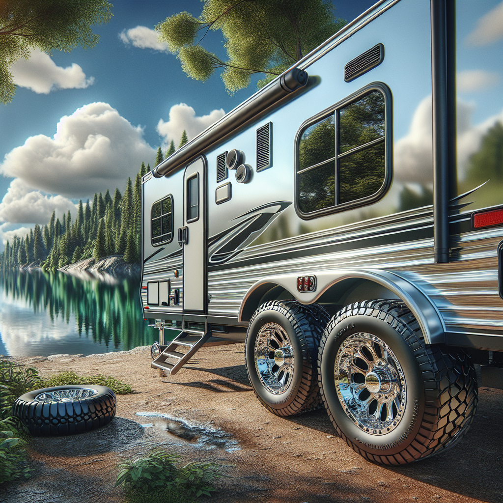 A travel trailer parked by a lake with a focus on its tires and surroundings.