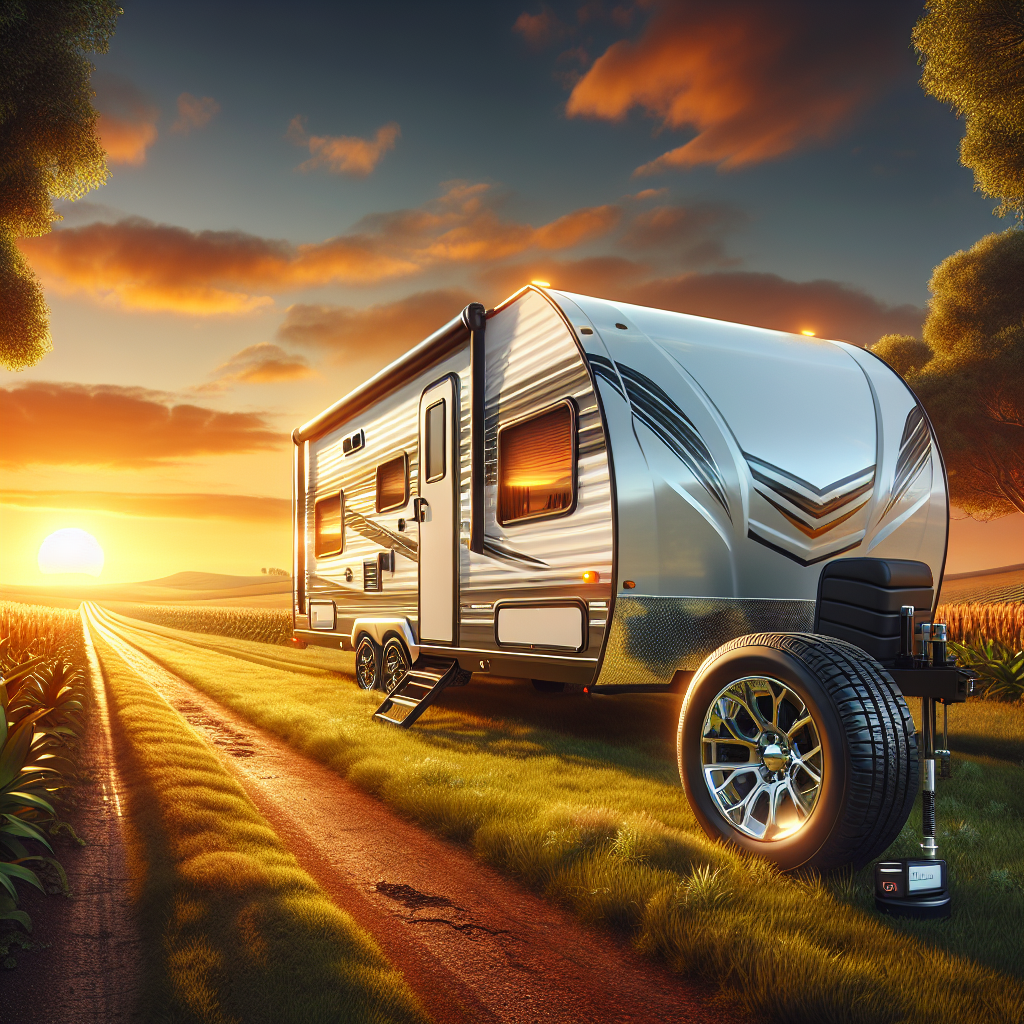 A travel trailer on a scenic road at sunrise with a focus on a tire and TPMS.