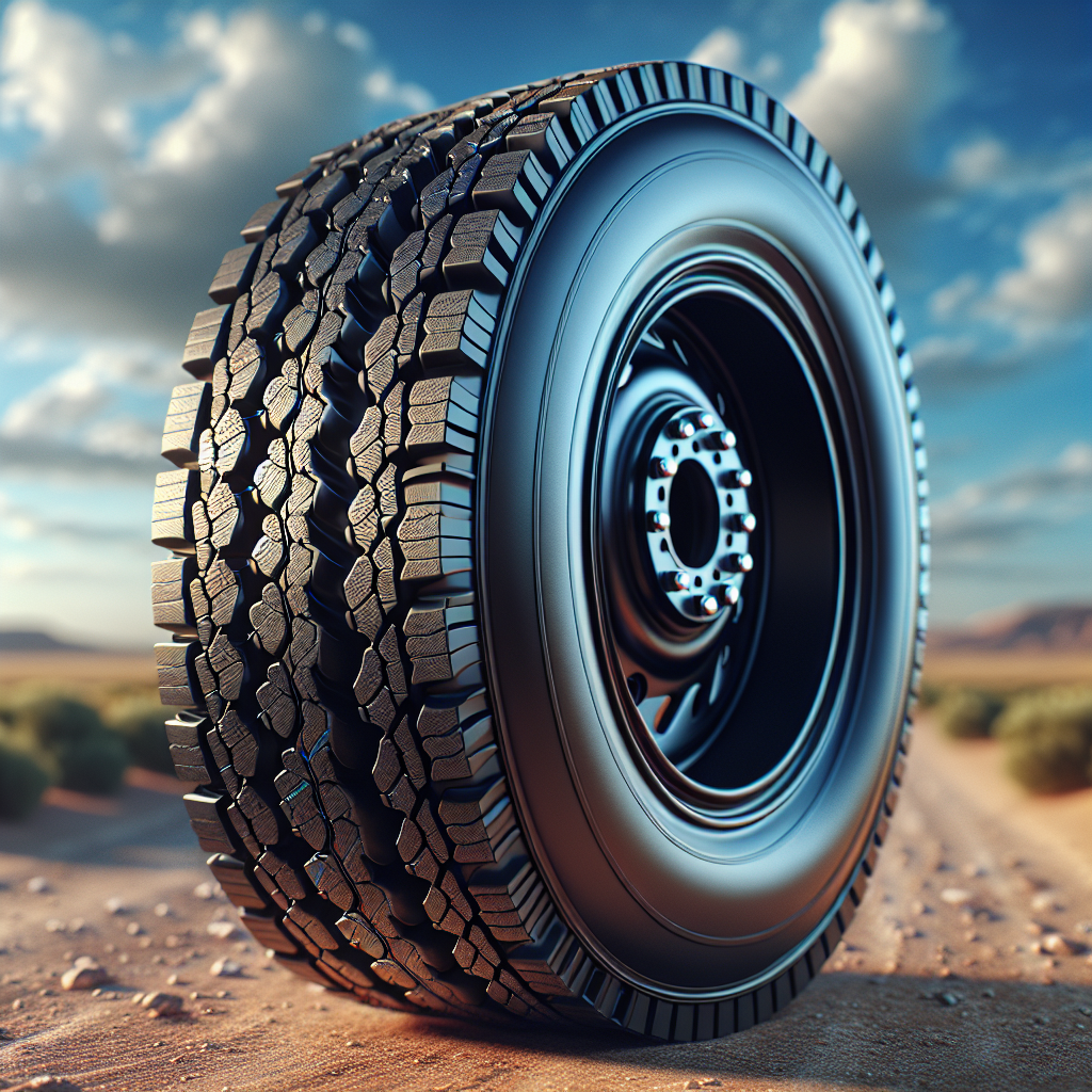 Close-up of a high-quality trailer tire on a dirt road.