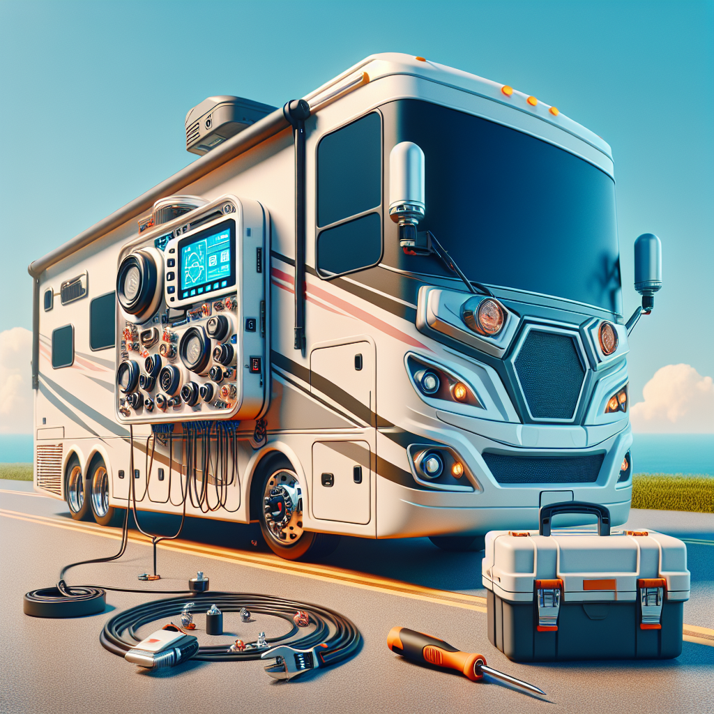 An RV tire pressure monitoring system being installed on a recreational vehicle with tools nearby.