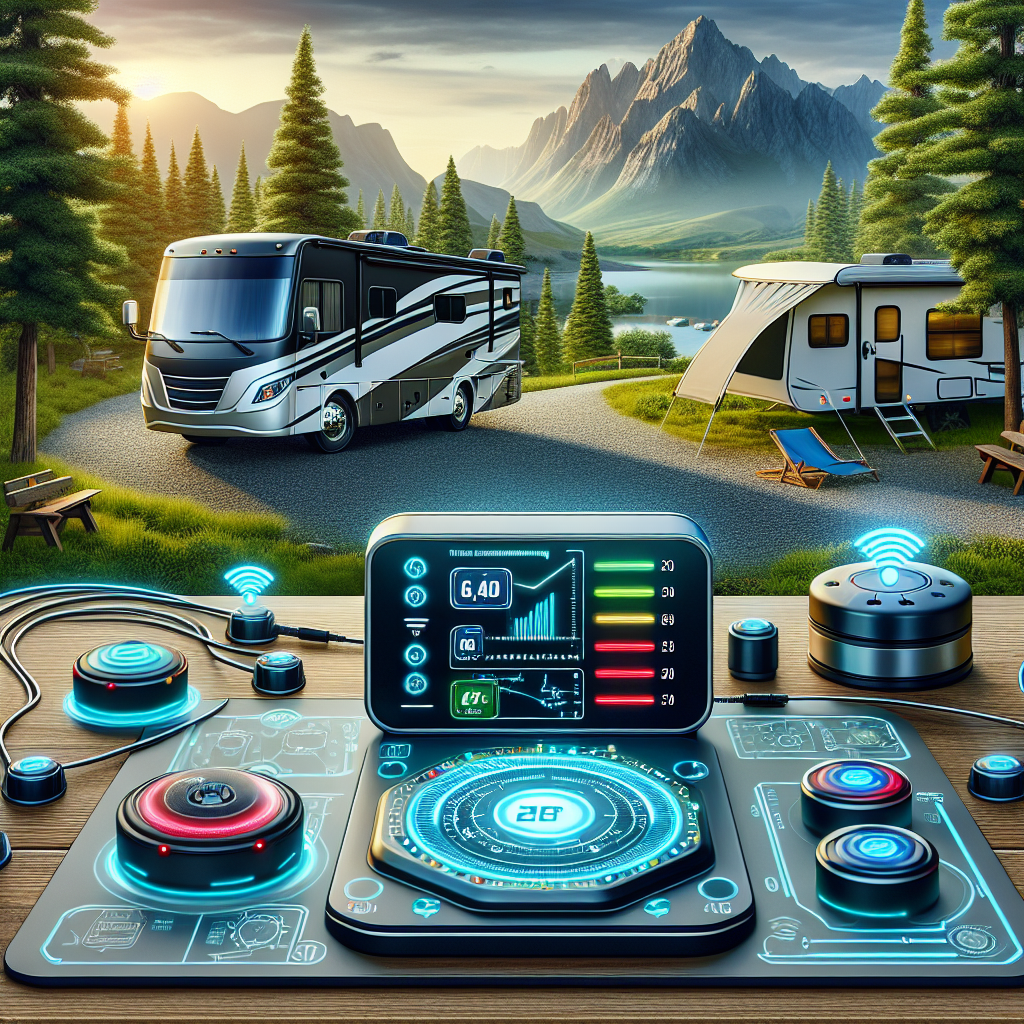 A digital tire pressure monitoring system display with tire sensors in a serene camping RV setting.