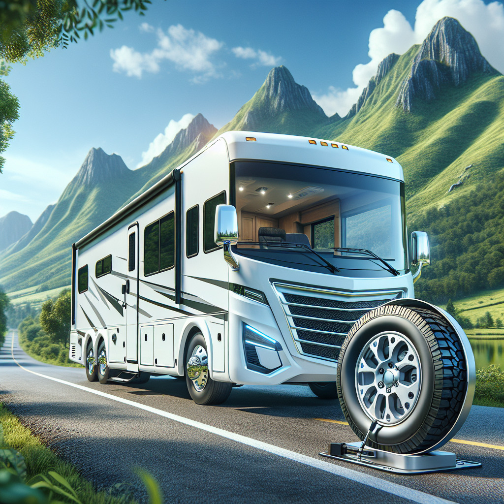 An RV parked on a scenic road with a focus on its tires and monitoring system.