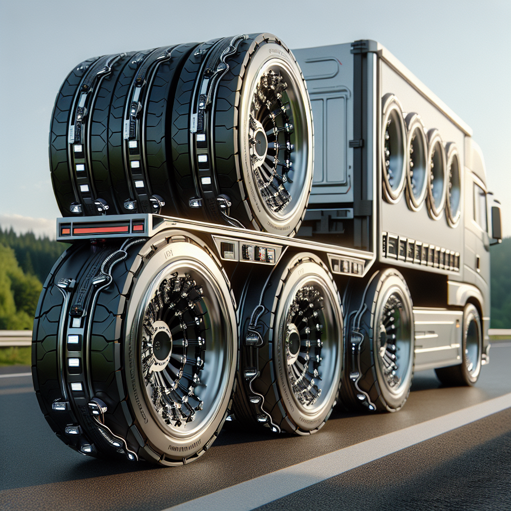 A modern trailer with Tire Pressure Monitoring System sensors on its tires, parked on a roadside.