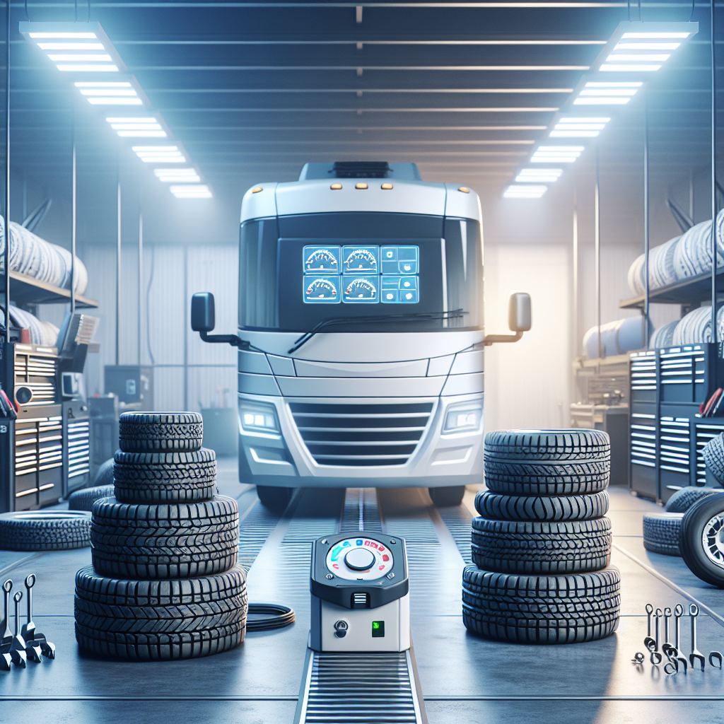 A modern RV tire pressure monitoring system in a garage with RV tires.