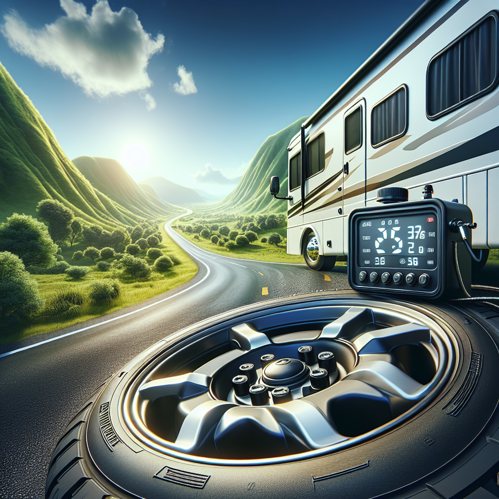 A digital tire pressure monitoring system display in an RV with a scenic road and green hills.