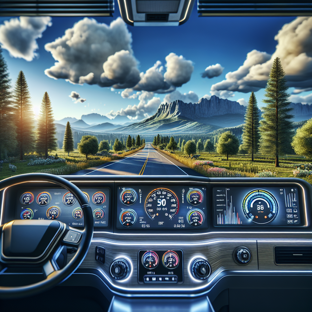 An RV dashboard showing tire pressure monitoring system readings in a scenic landscape.
