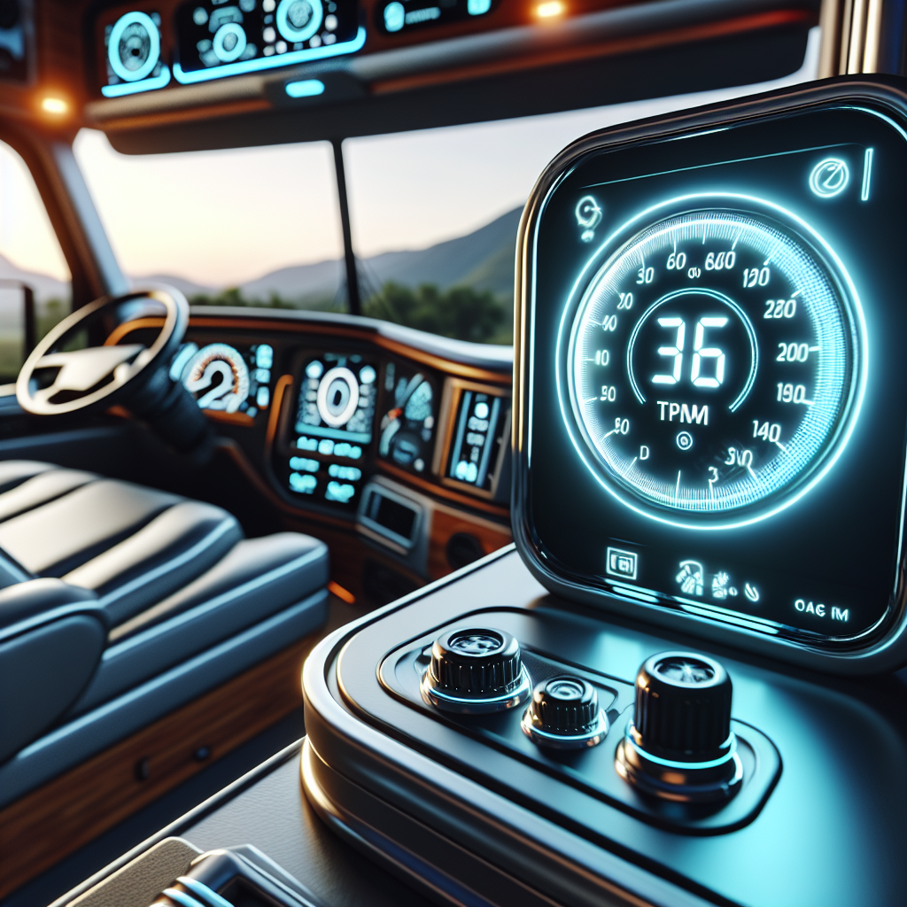 A digital display of an RV tire pressure monitoring system showing tire pressure and temperature.