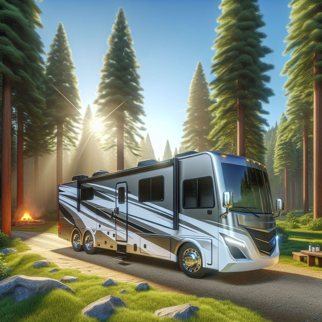 A modern RV parked at a campsite highlighting its tires with a digital TPMS display.