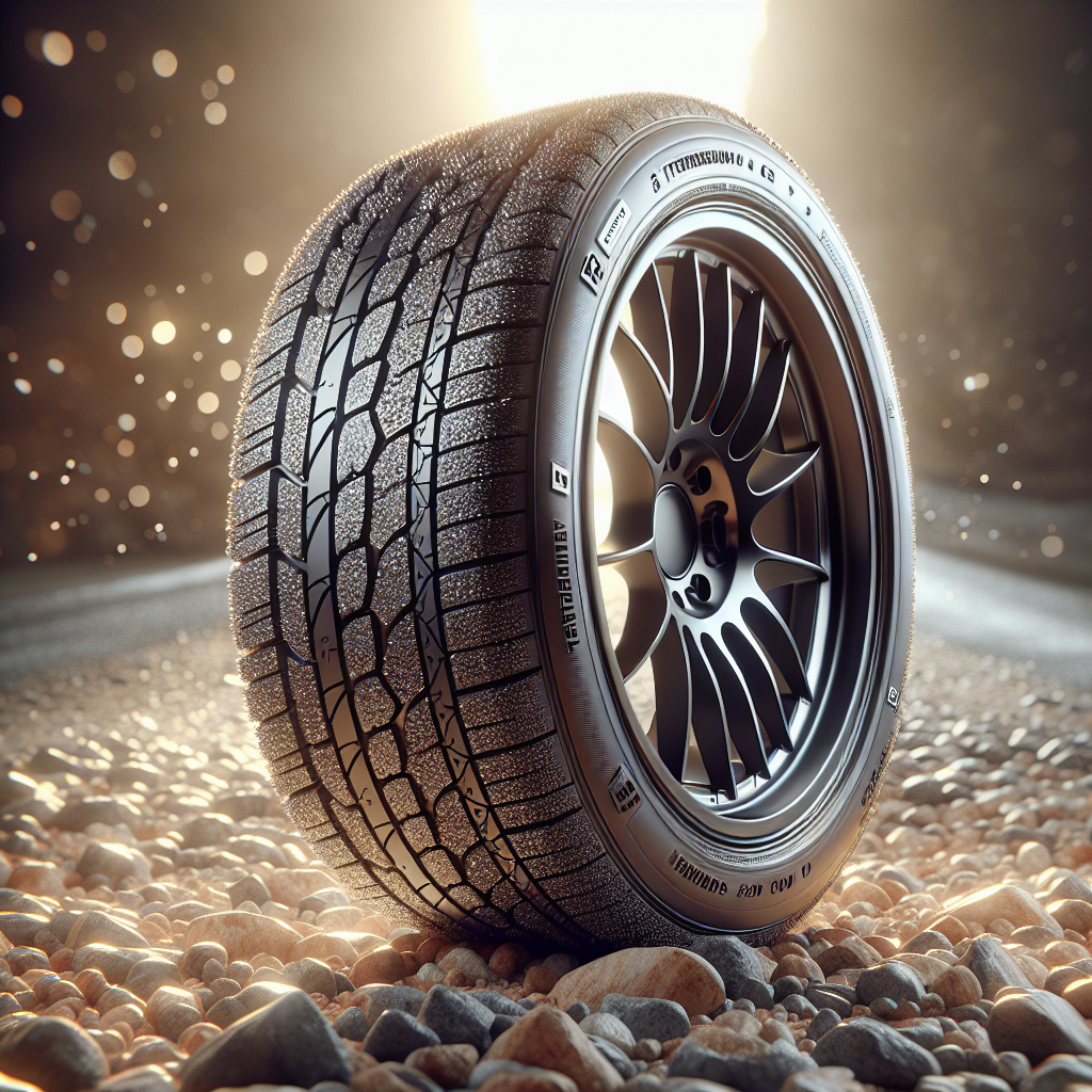 Close-up of a high-performance tire on a gravel road with visible temperature ratings.