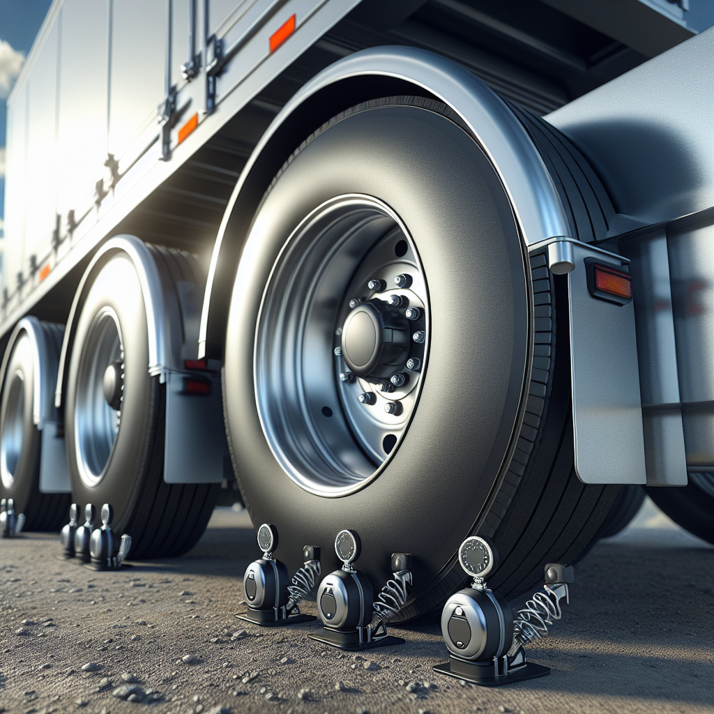 A trailer with visible tires and TPMS sensors on a gravel road.