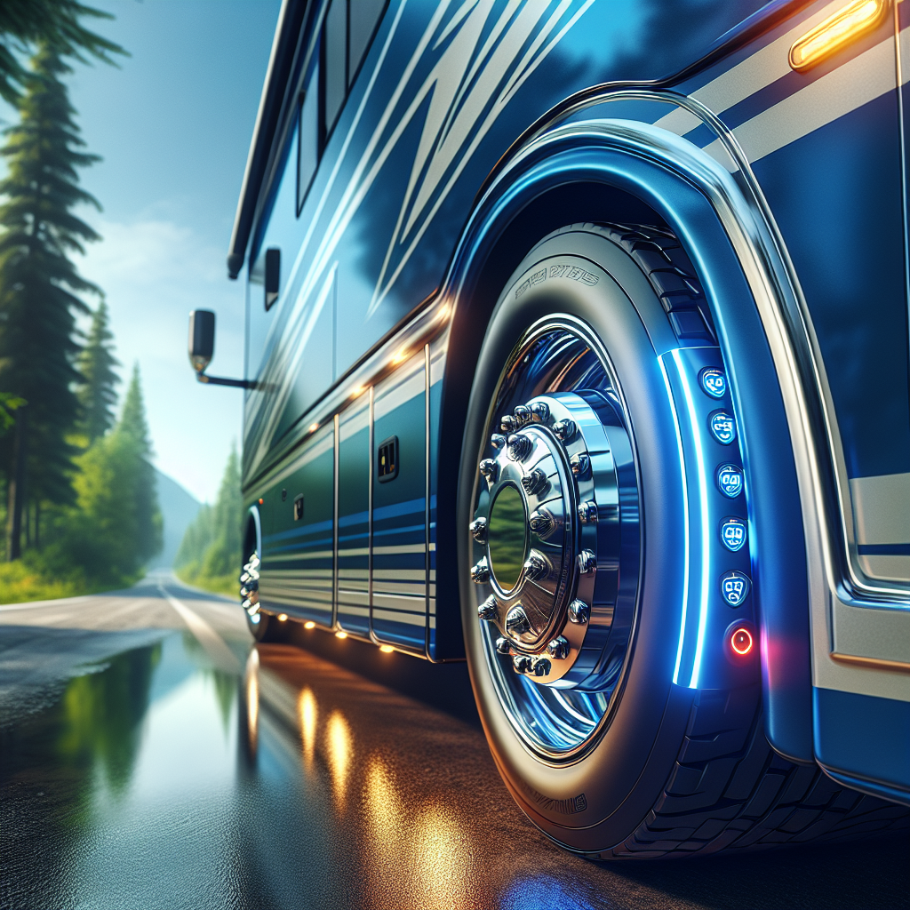 A close-up of an RV tire featuring a digital Tire Pressure Monitoring System display.