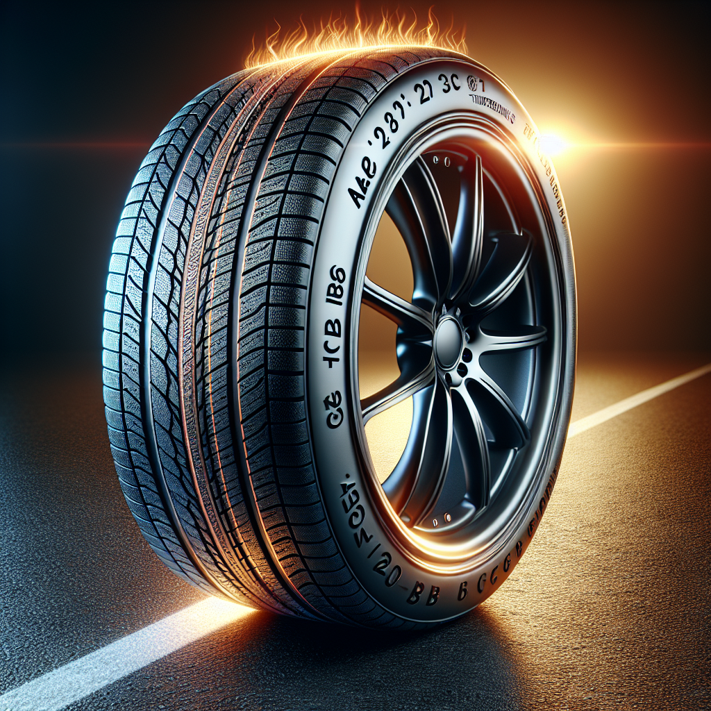 A detailed automotive tire showcasing temperature ratings A, B, and C against an asphalt road.
