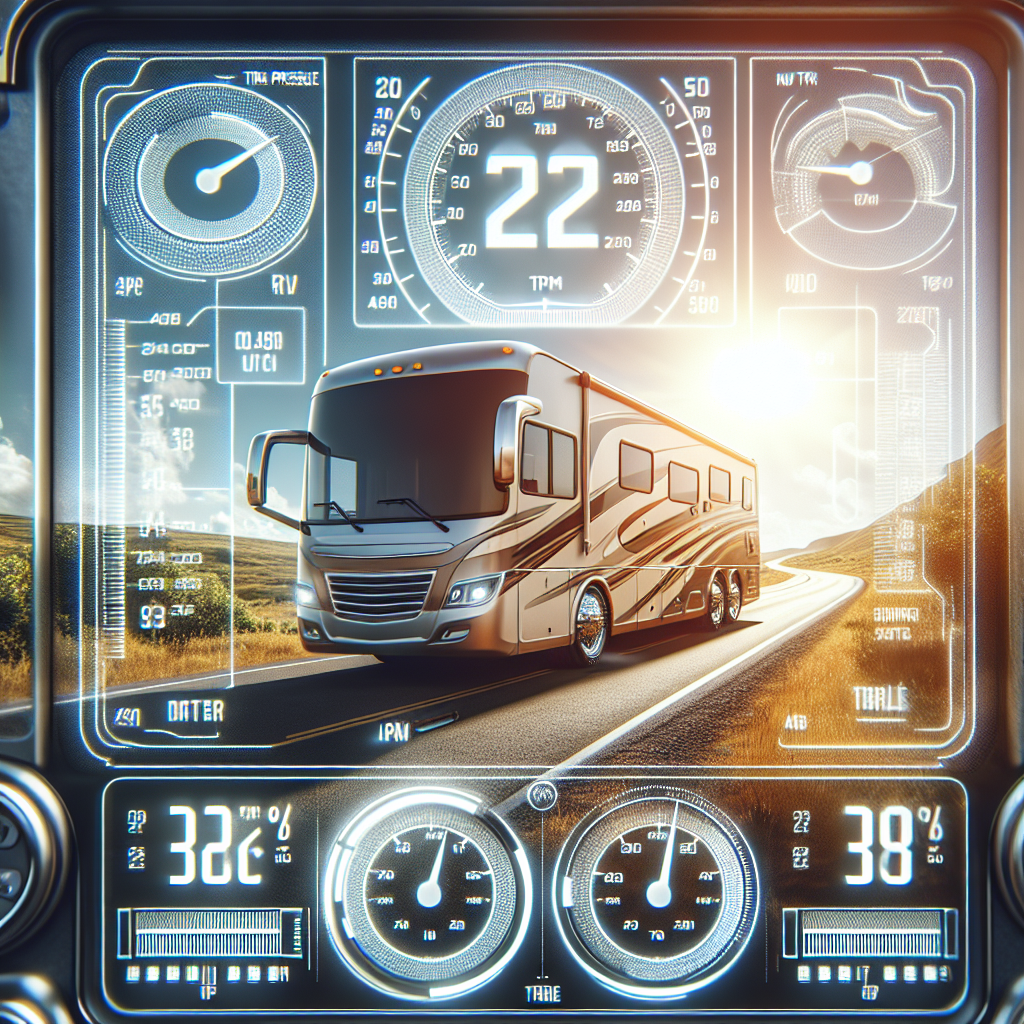 A detailed RV tire pressure monitoring system display screen showing tire pressure and temperature readings.