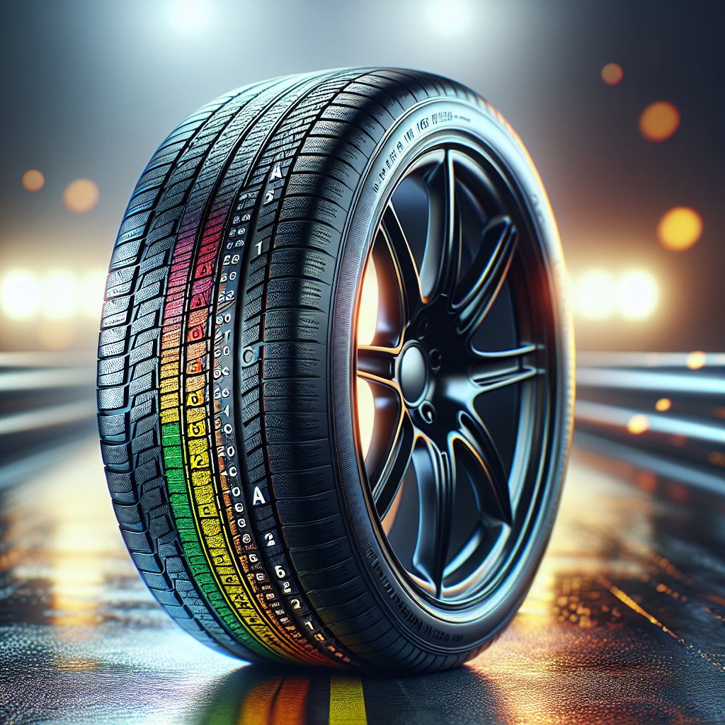 A close-up of a tire with a temperature rating label indicating heat resistance levels.