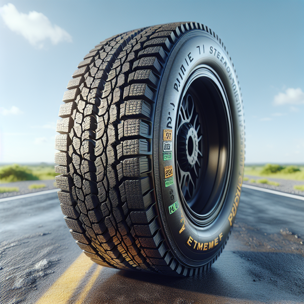 A close-up image of a tire on a road, showcasing its temperature rating and surrounding environment.