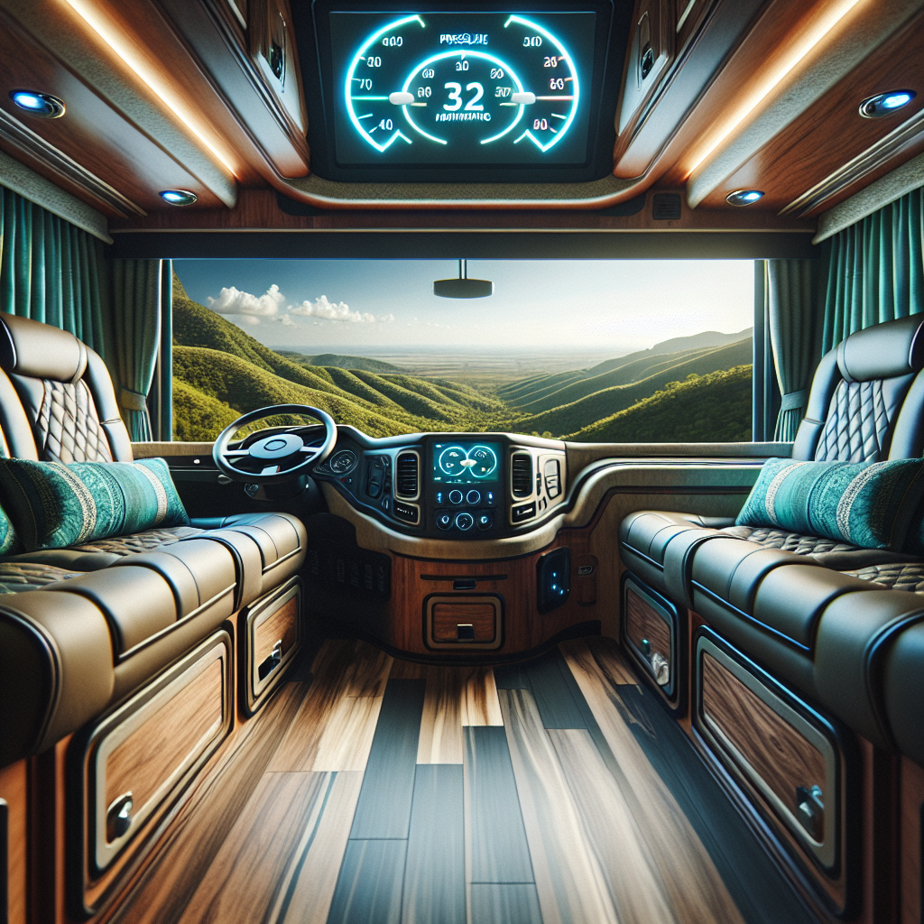An RV interior showing a tire pressure monitoring system with a scenic view outside.