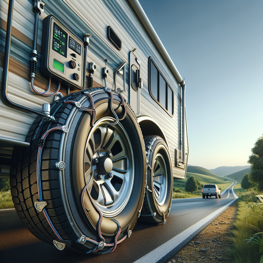 A travel trailer with visible tire pressure monitoring system features, surrounded by a green countryside landscape.