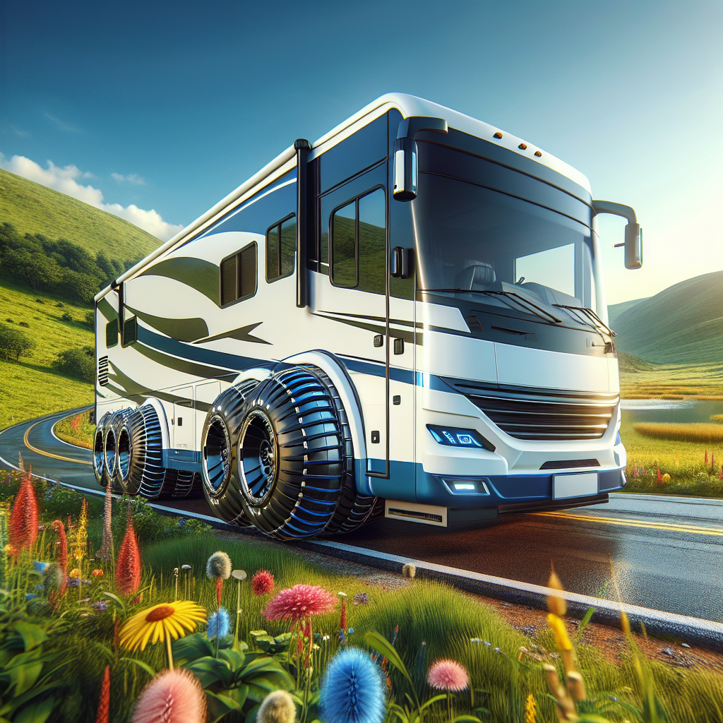 A parked RV on a scenic roadside, highlighting TPMS sensors on its wheels against a picturesque landscape.