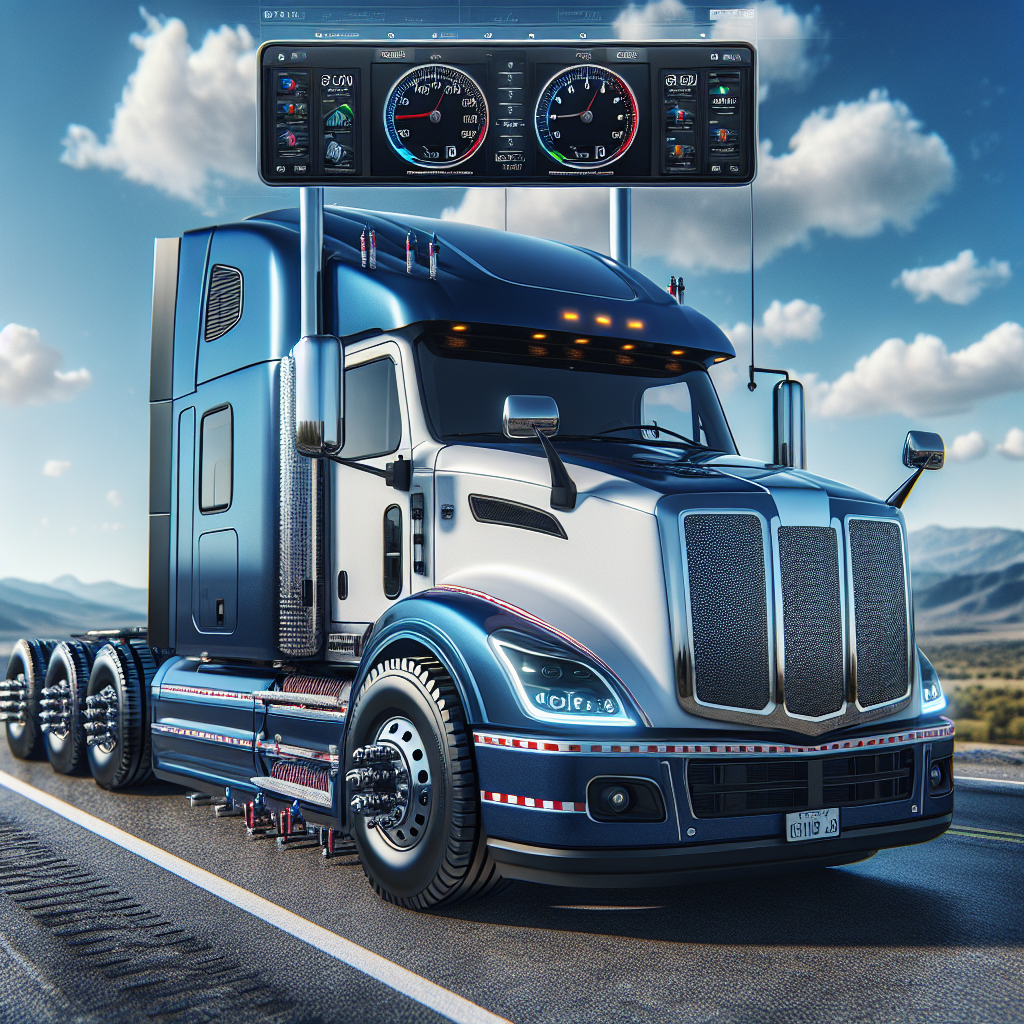 A semi truck with visible tire sensors and a digital TPMS display on a sunny highway.