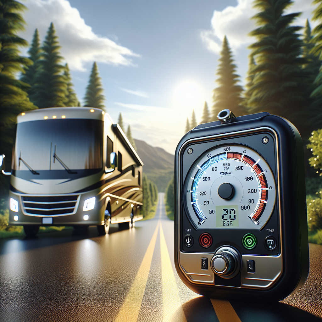 A close-up of a digital tire pressure monitor with an RV in the background.