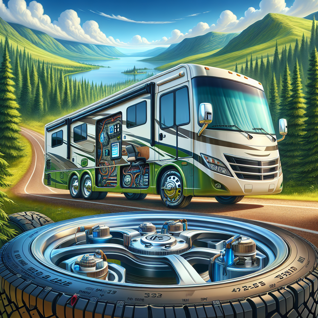 An RV with a tire pressure monitoring system parked on a scenic road.