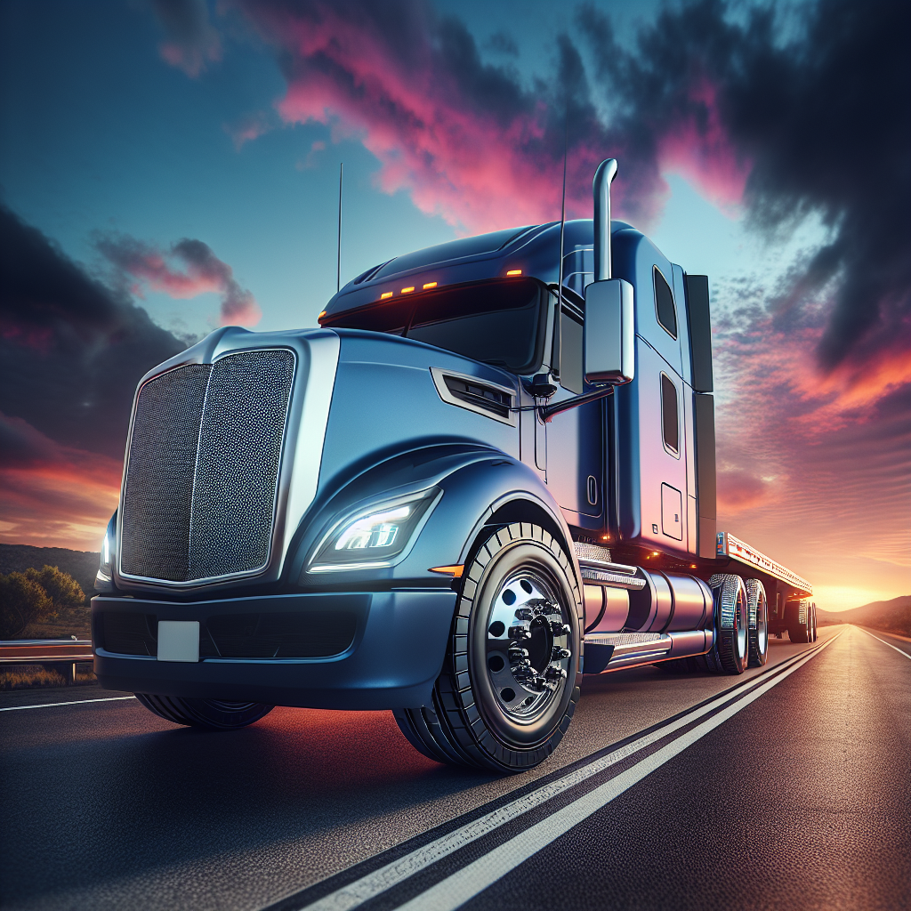 A semi truck on a highway at sunset, focusing on its tires with monitoring sensors.
