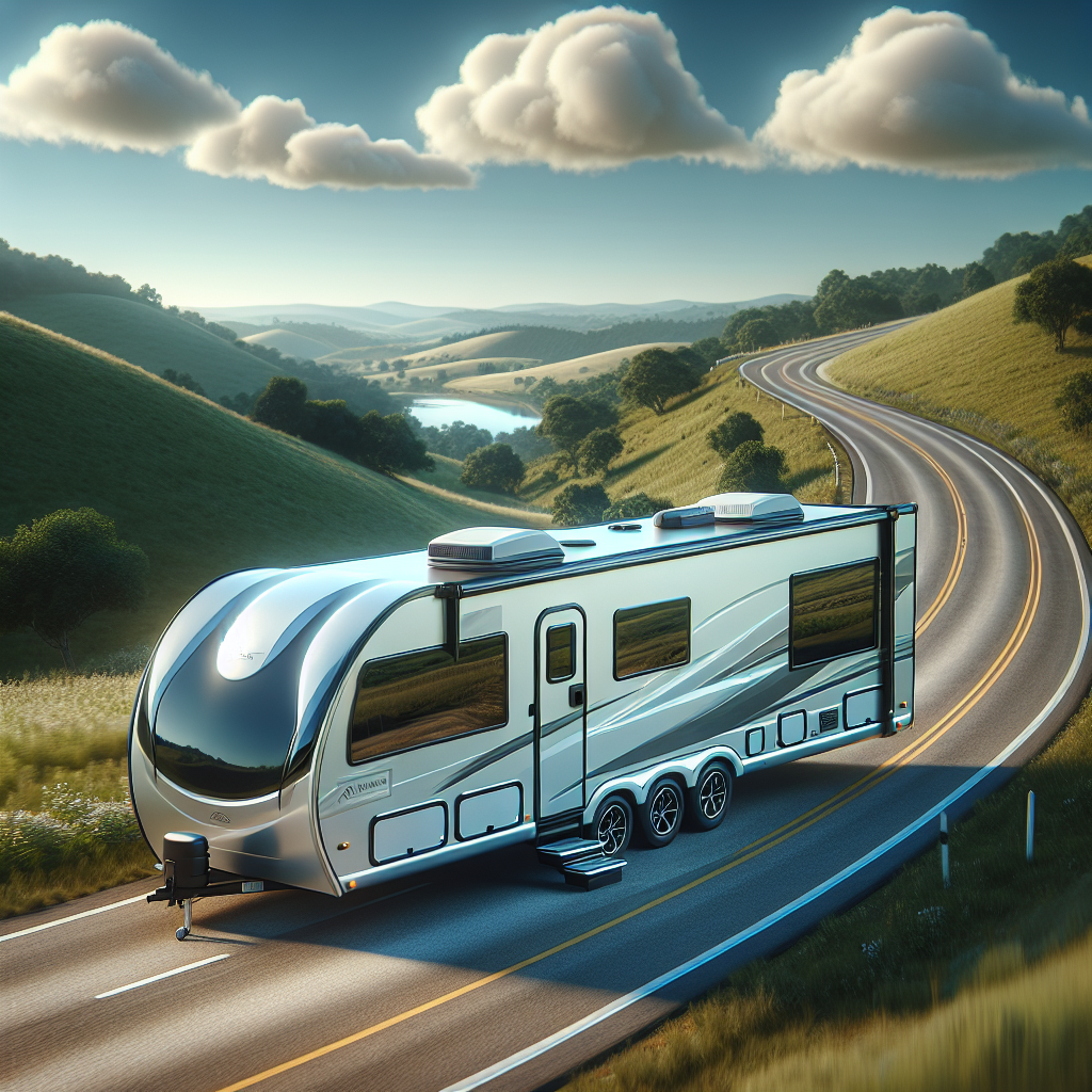 A travel trailer on a scenic road surrounded by green hills and a blue sky.