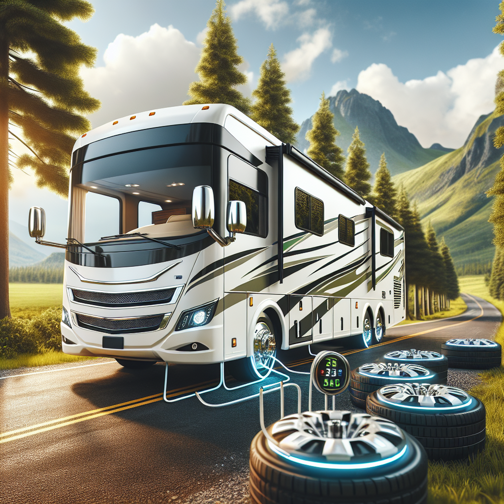 A recreational vehicle parked on a scenic road, focusing on its tires and monitoring system.