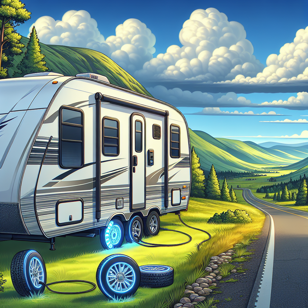 A travel trailer on a scenic road with monitoring sensors illustrated beside the wheels.