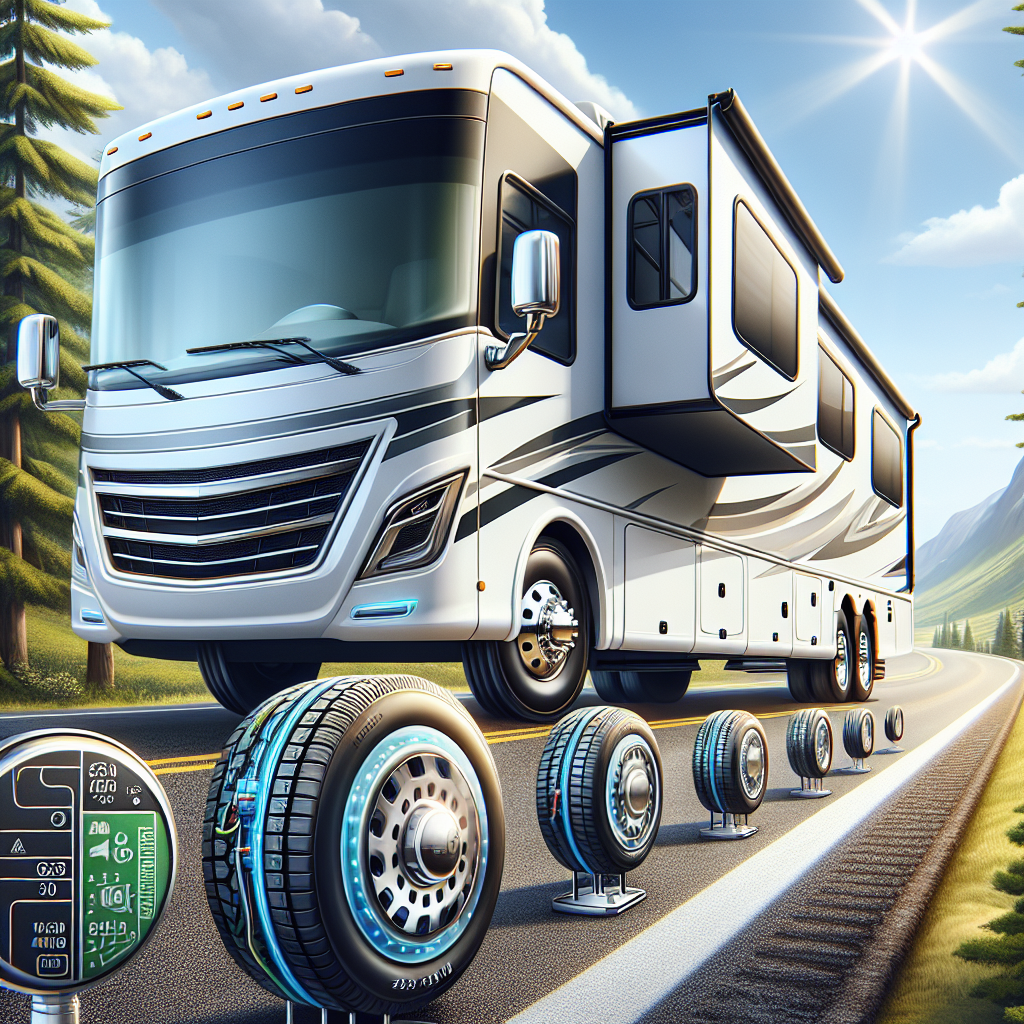 An RV displaying a Tire Pressure Monitoring System on a scenic highway.