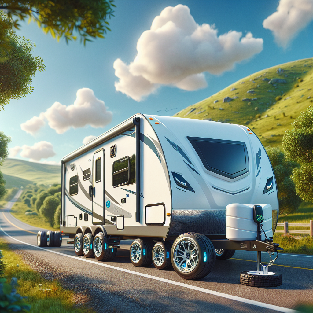 A travel trailer parked on a scenic road surrounded by hills and a clear sky.