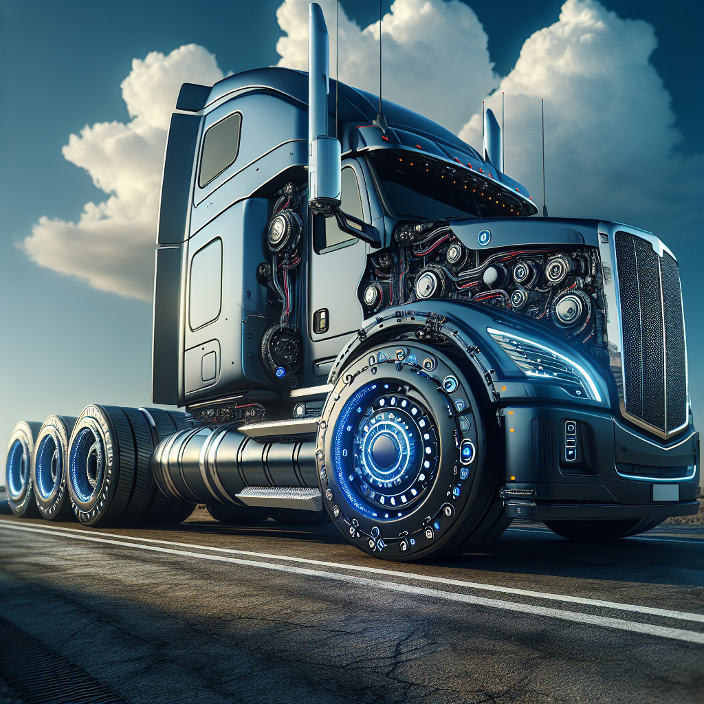 A semi truck with visible tire pressure monitoring system on a highway.