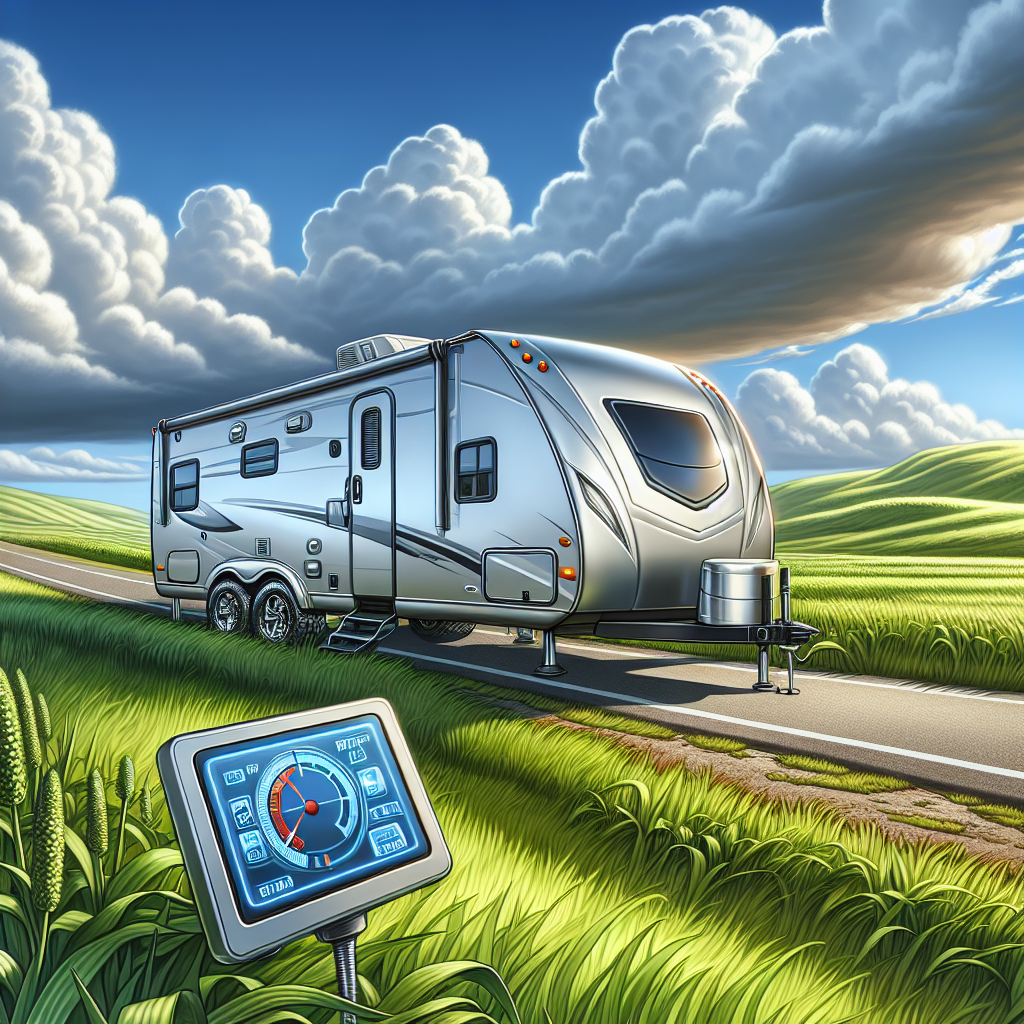 A travel trailer on a scenic road emphasizing tire pressure monitoring systems.