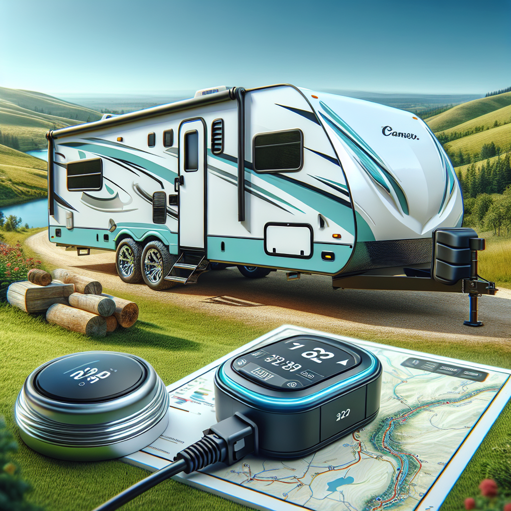 A travel trailer featuring a Tire Pressure Monitoring System in a scenic outdoor setting.