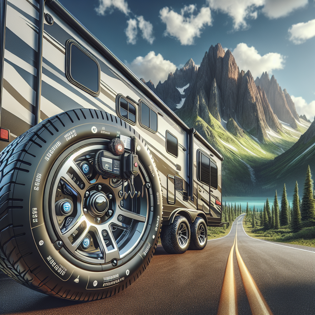 A travel trailer with a tire pressure monitoring system on a scenic road.