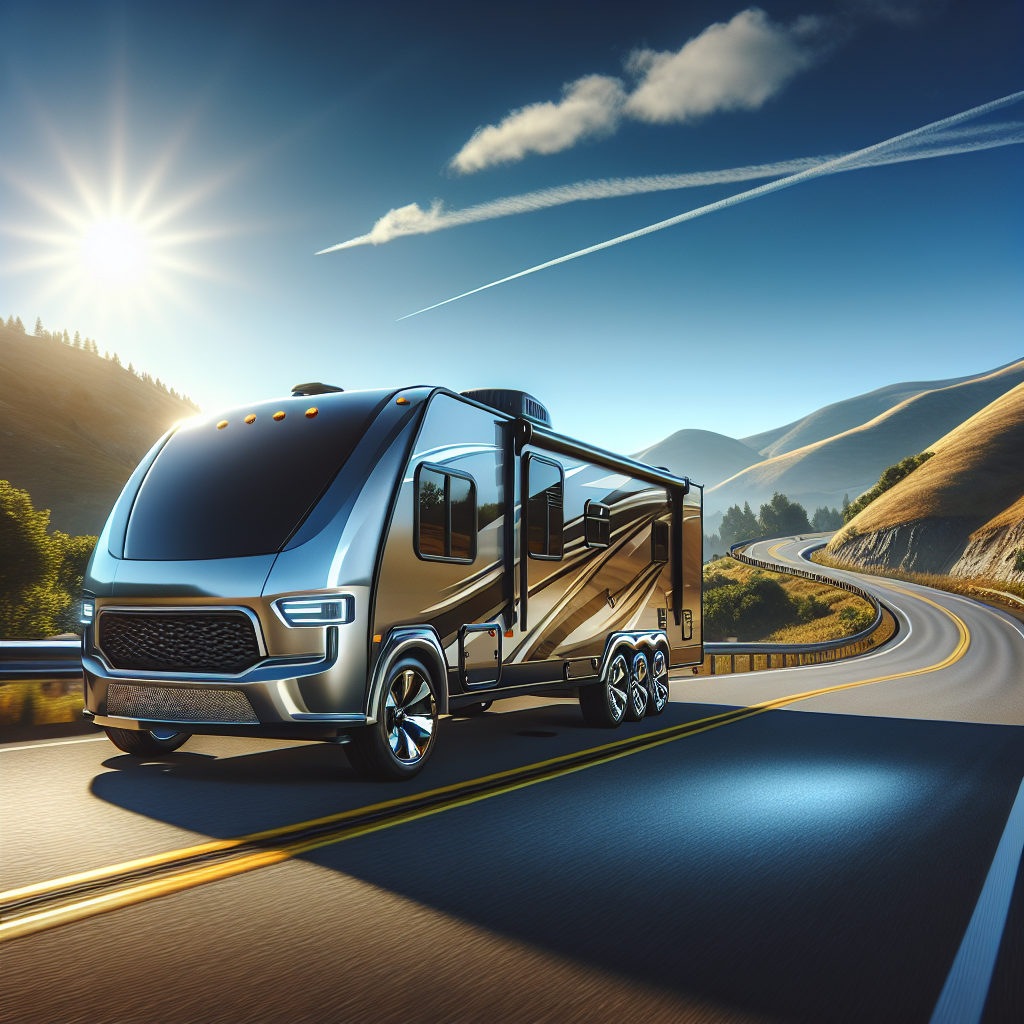 A travel trailer on a winding road surrounded by hills and blue skies.