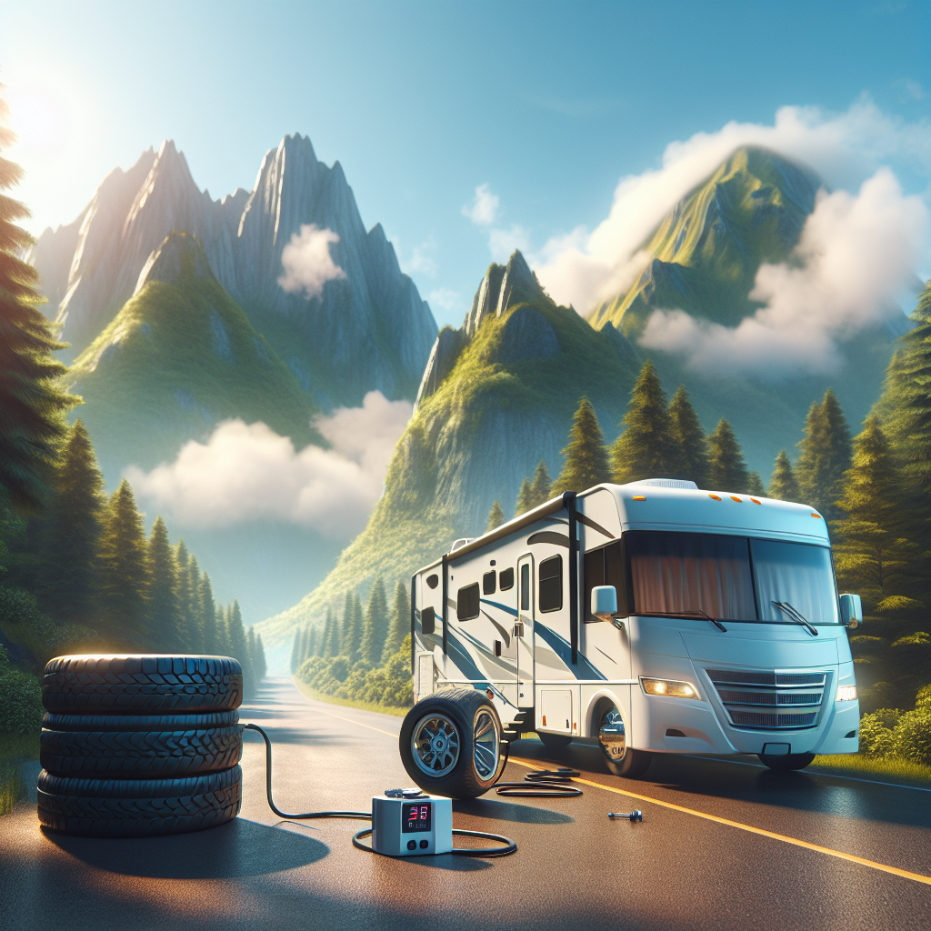 A vibrant RV on a scenic road with a focus on its tire pressure monitoring system.