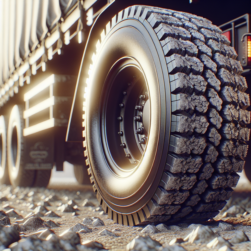 Close-up of a trailer tire on a gravel road, showcasing its texture and tread pattern.