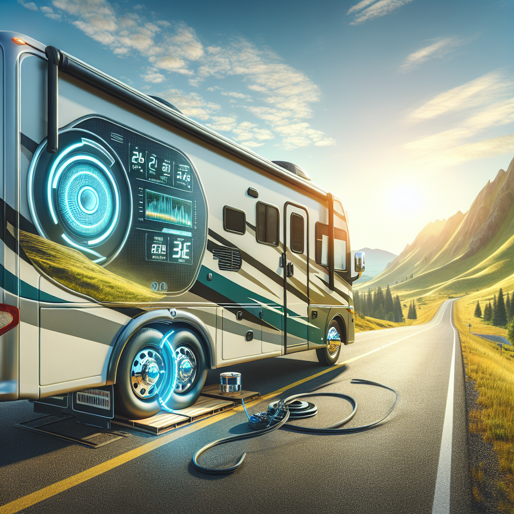 An RV parked on a highway with a scenic landscape, illustrating tire safety.