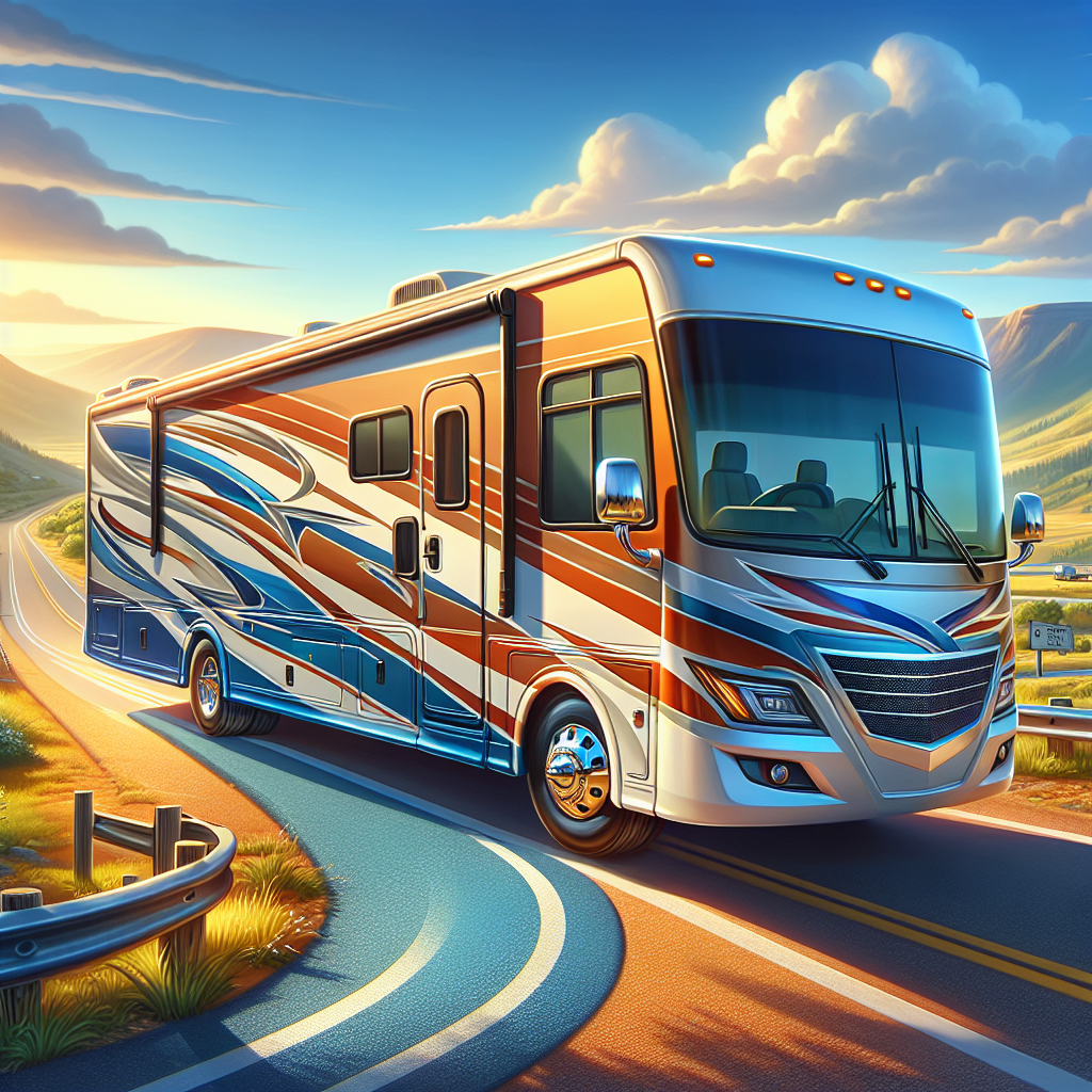 An RV parked on a scenic highway with an emphasis on its tires, showcasing safety and adventure.
