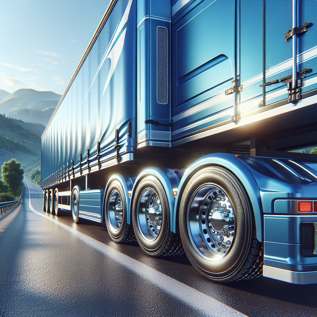 A trailer parked on a highway, highlighting its tires and surrounding landscape.